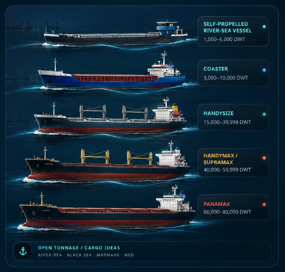 Vessel classes overview: self-propelled river-sea vessel, coaster, handysize, handymax or supramax, and panamax
